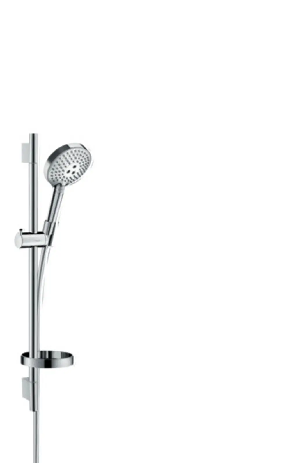 Hansgrohe Brauseset mit Handbrause, Schlauch und Brausestange. Seifenschale und Halterung sind ebenfalls integriert. Chrom-Finish.